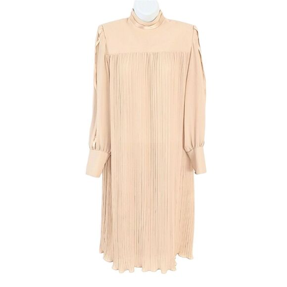 VINTAGE Pleated Midi trapeze Dress with high neck Beige neutral tone Small @L - Picture 12 of 12
